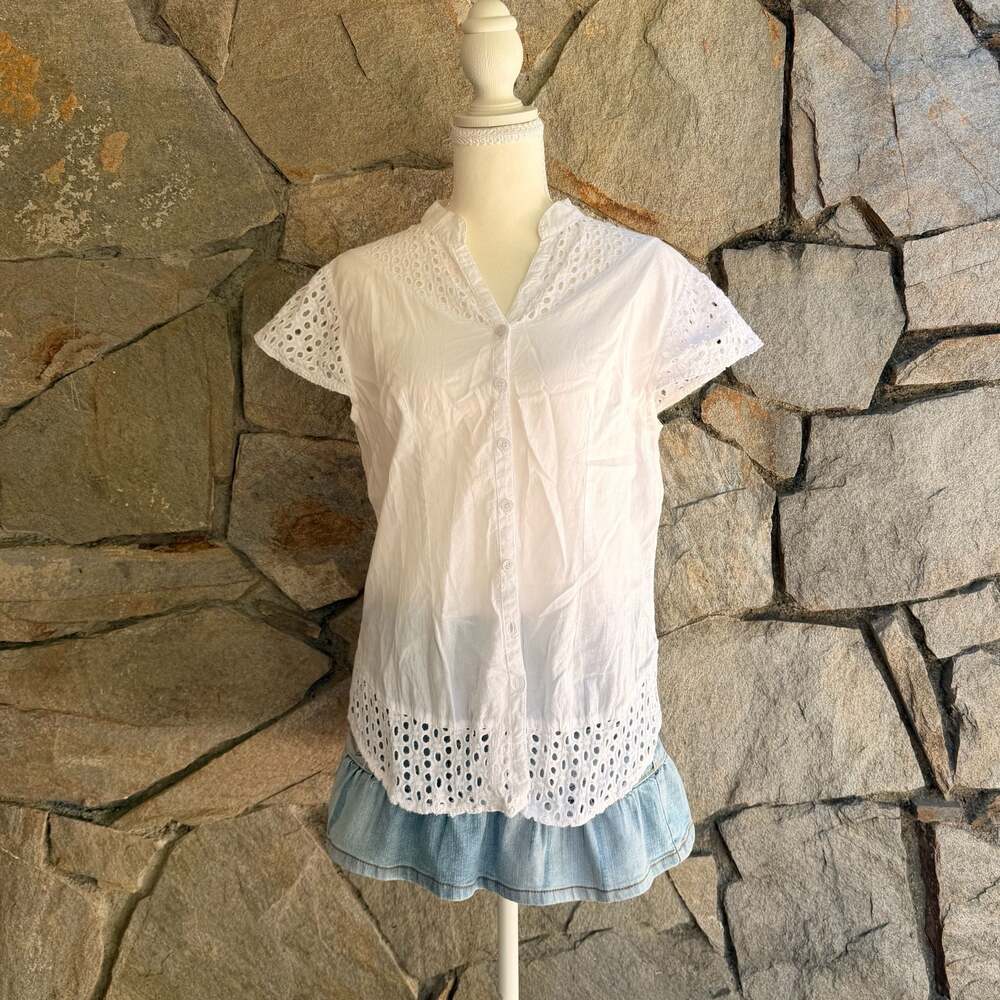 White Button-Front Eyelet Blouse with Flutter Sleeves